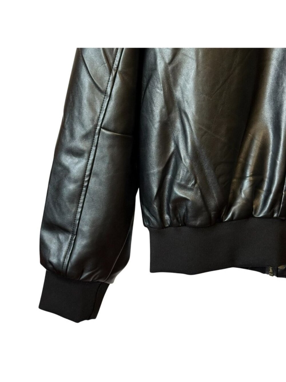 Vintage Shake Wolf Mens Bomber Jacket Faux Leather Black M Flag Lined - Picture 11 of 16
